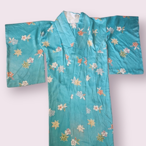 Vintage Japanese Kimono Turquoise Botanical Leaves Blue - Picture 2 of 11